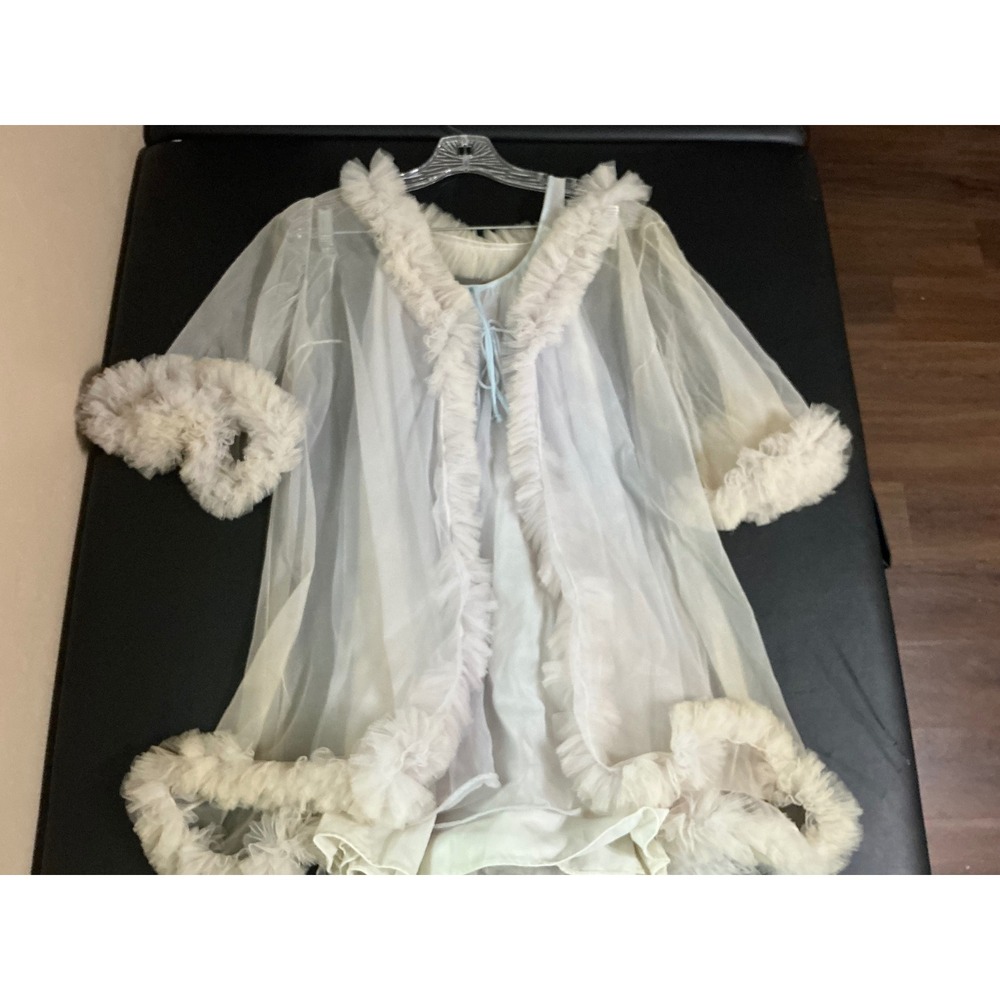 Vintage Lisette Sheer Nylon Nightgown and Ruffle Robe Set Ivory Blue Ribbon